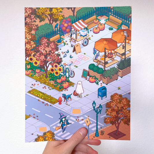 Isometric fall town pixel art print