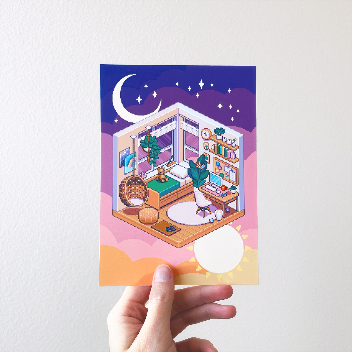 Isometric dreamy bedroom pixel art print