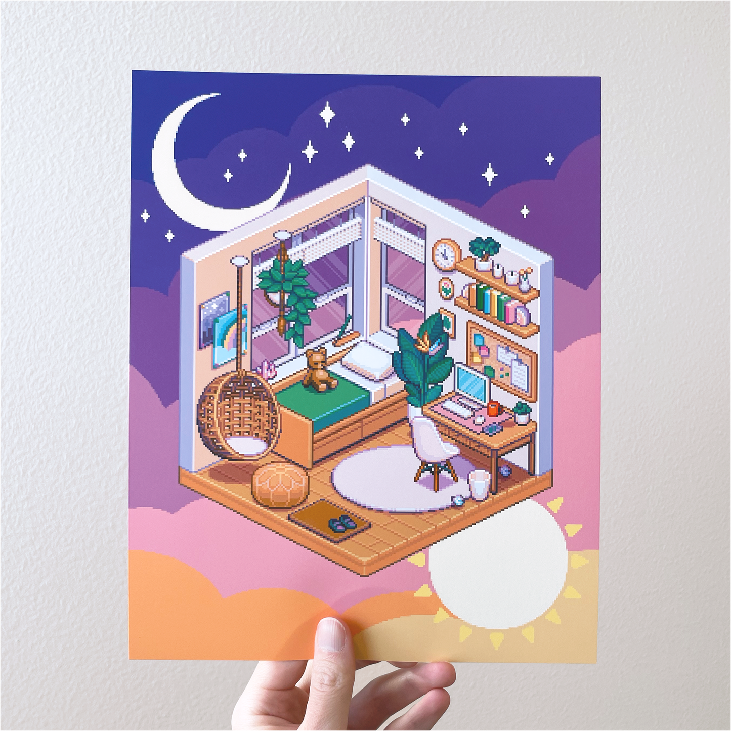 Isometric dreamy bedroom pixel art print