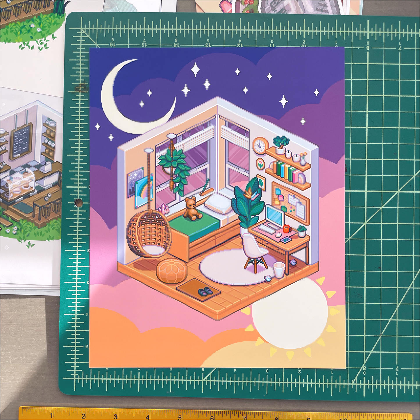 Isometric dreamy bedroom pixel art print