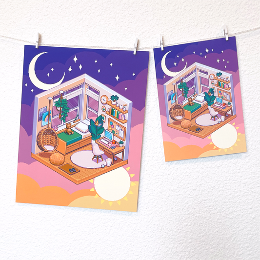 Isometric dreamy bedroom pixel art print