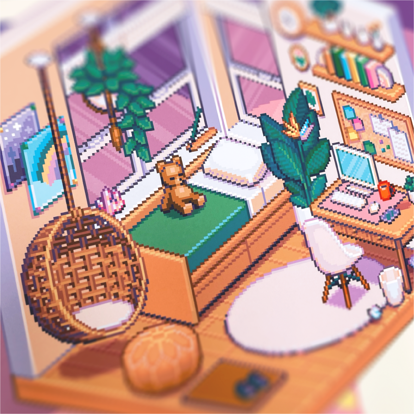 Isometric dreamy bedroom pixel art print