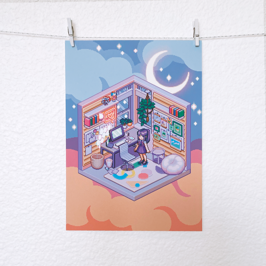 Isometric dreamy office pixel art print