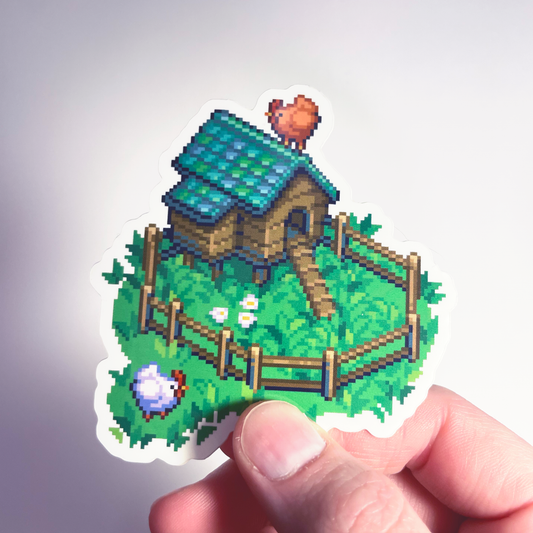 Isometric chicken coop pixel art sticker