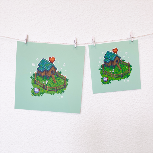 Isometric chicken coop pixel art print