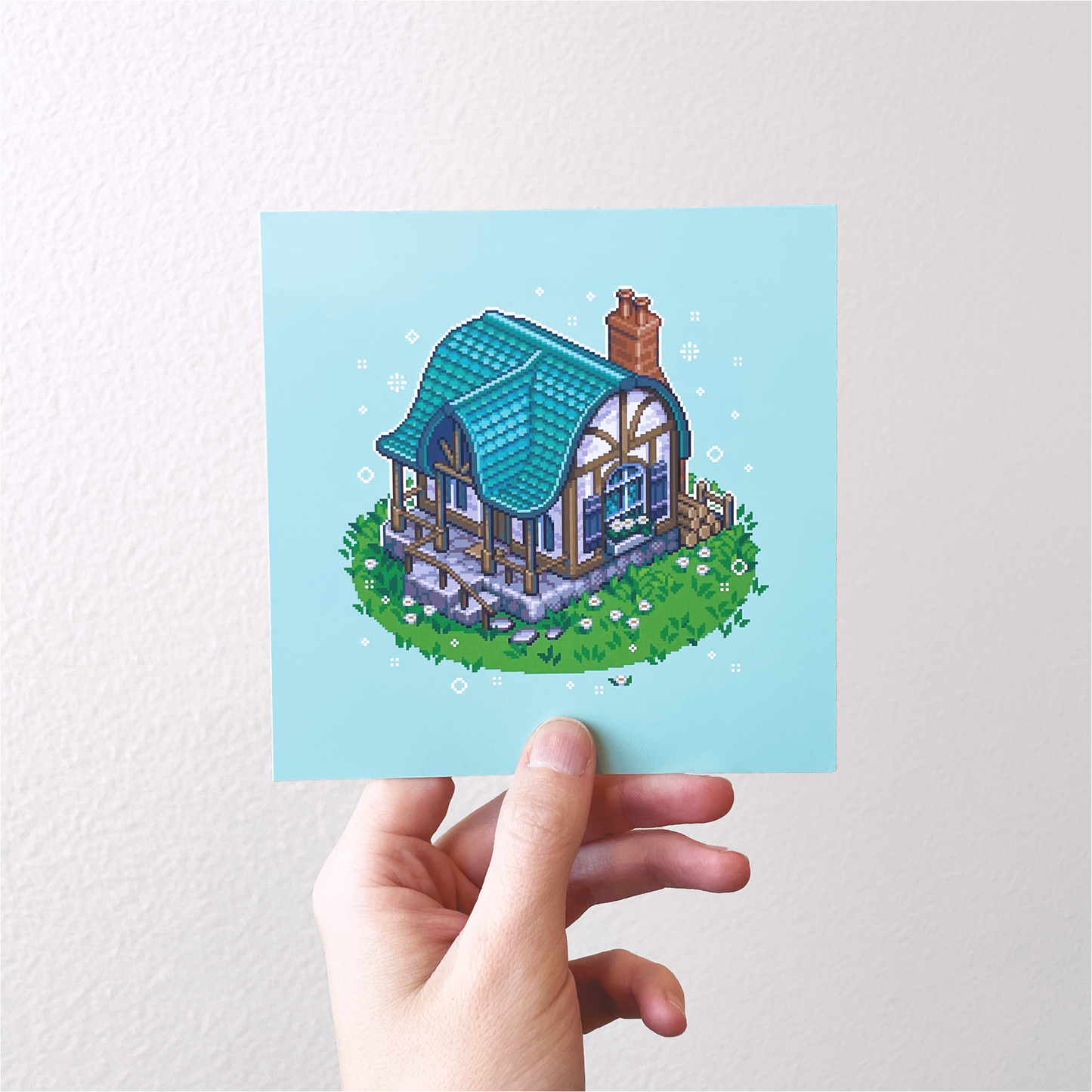 Isometric cottage pixel art print
