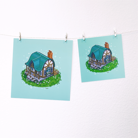 Isometric cottage pixel art print