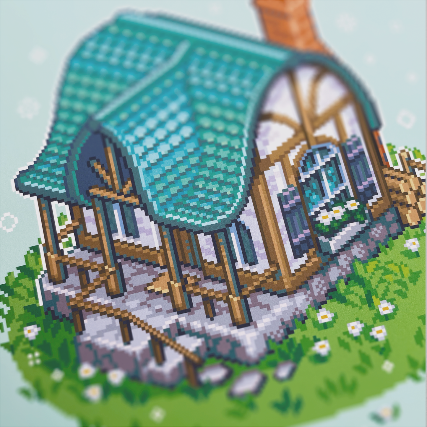 Isometric cottage pixel art print