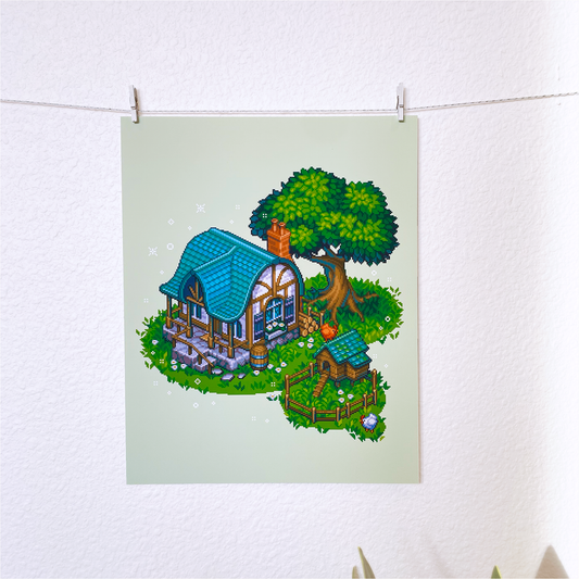Isometric cottage in the forest pixel art print
