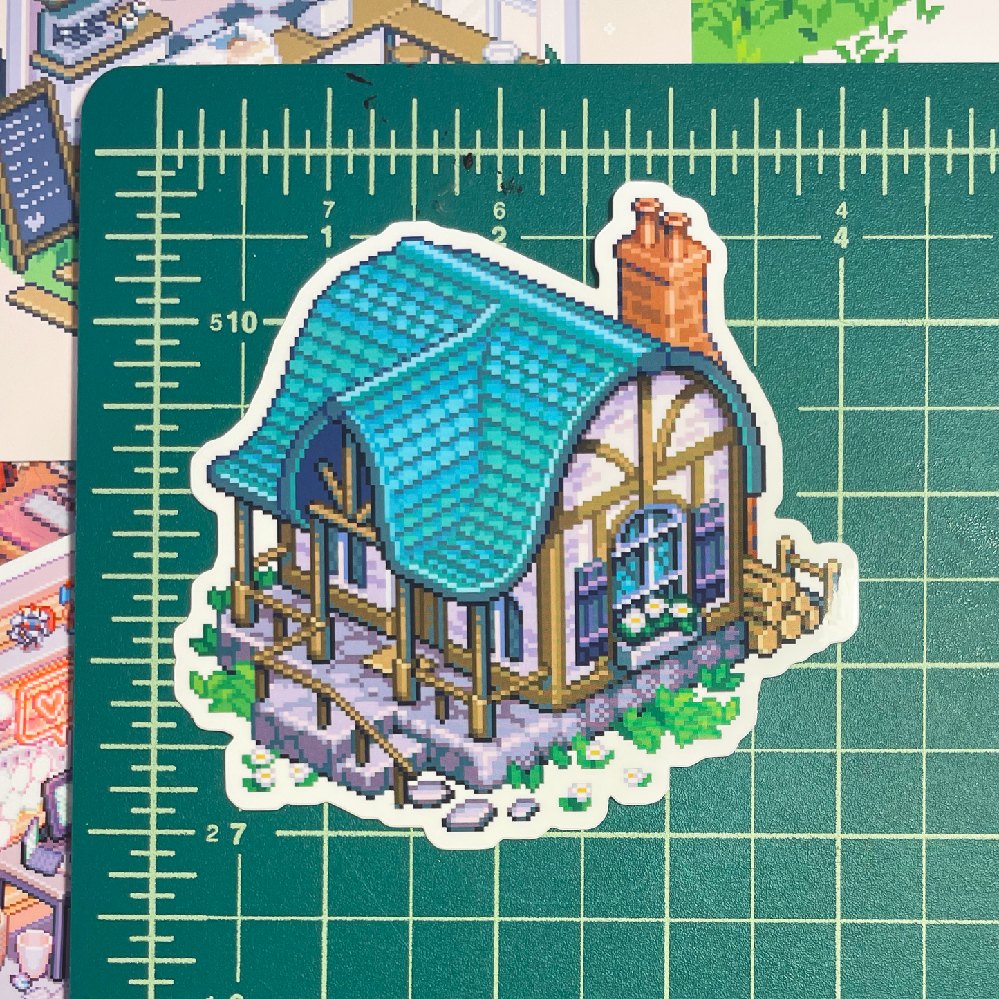 Isometric cottage pixel art sticker