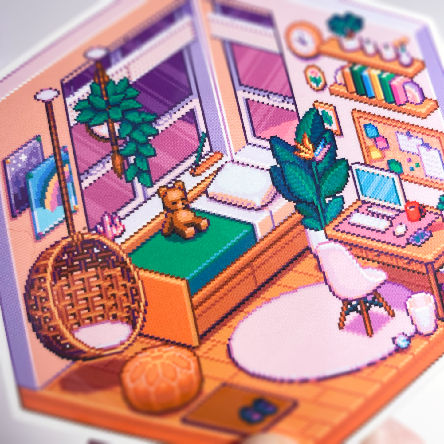 Isometric dreamy bedroom pixel art sticker