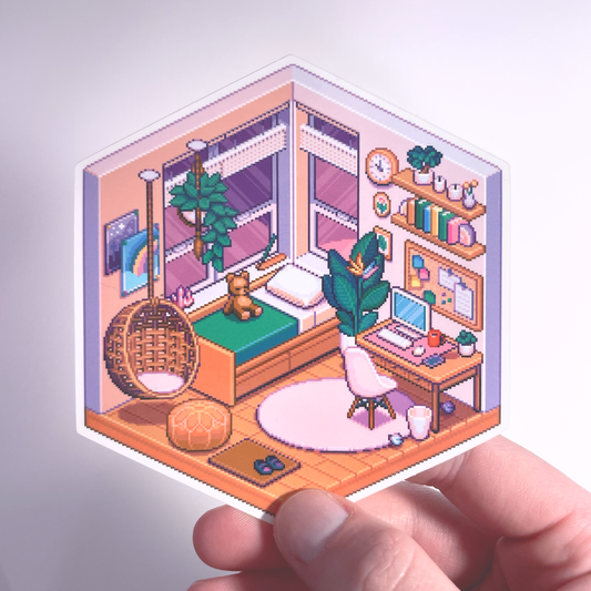 Isometric dreamy bedroom pixel art sticker