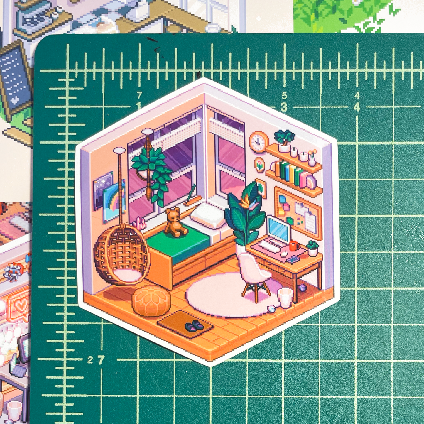 Isometric dreamy bedroom pixel art sticker