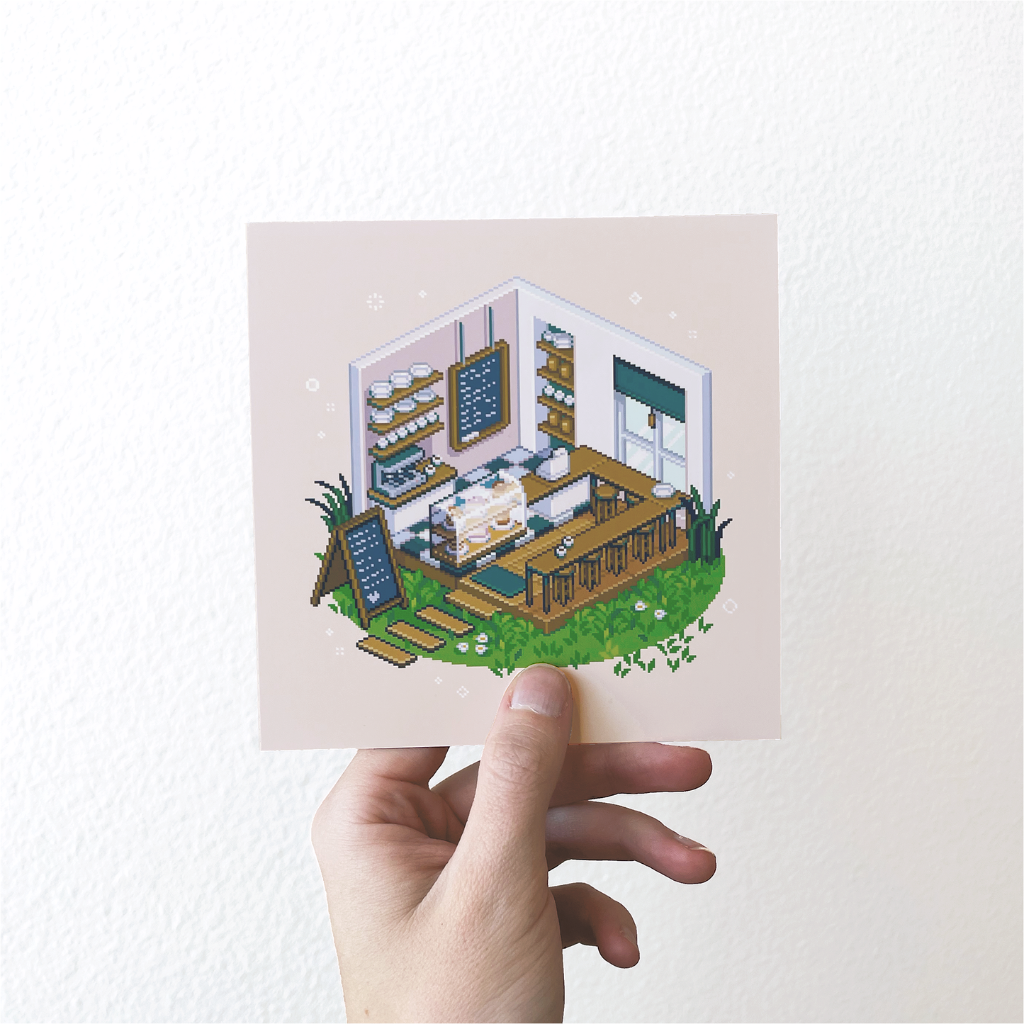 Isometric pink cafe pixel art print