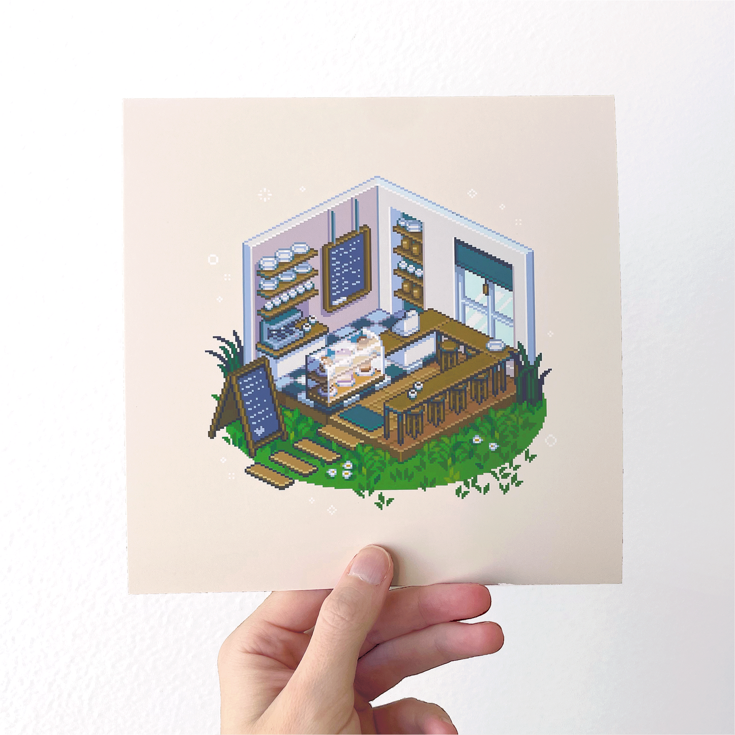 Isometric pink cafe pixel art print