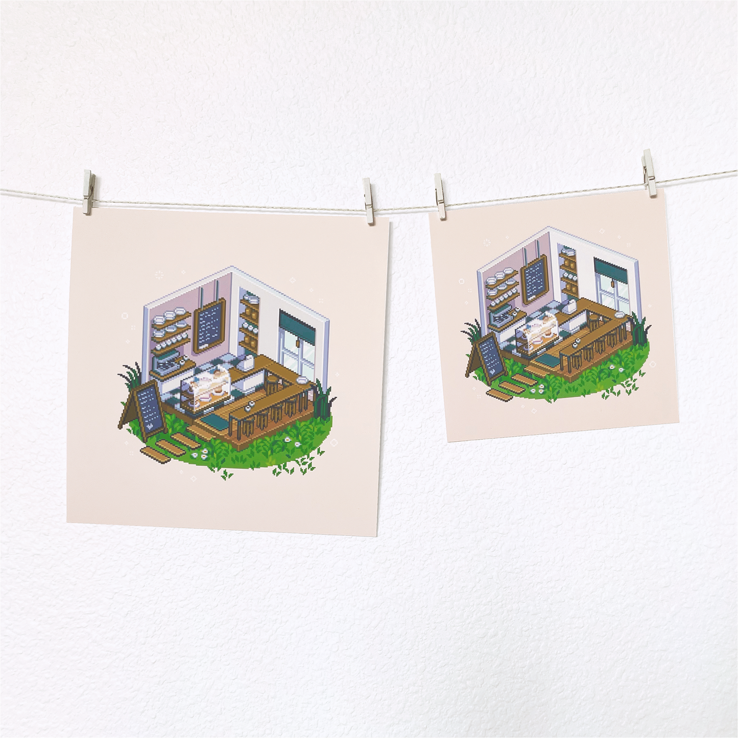 Isometric pink cafe pixel art print