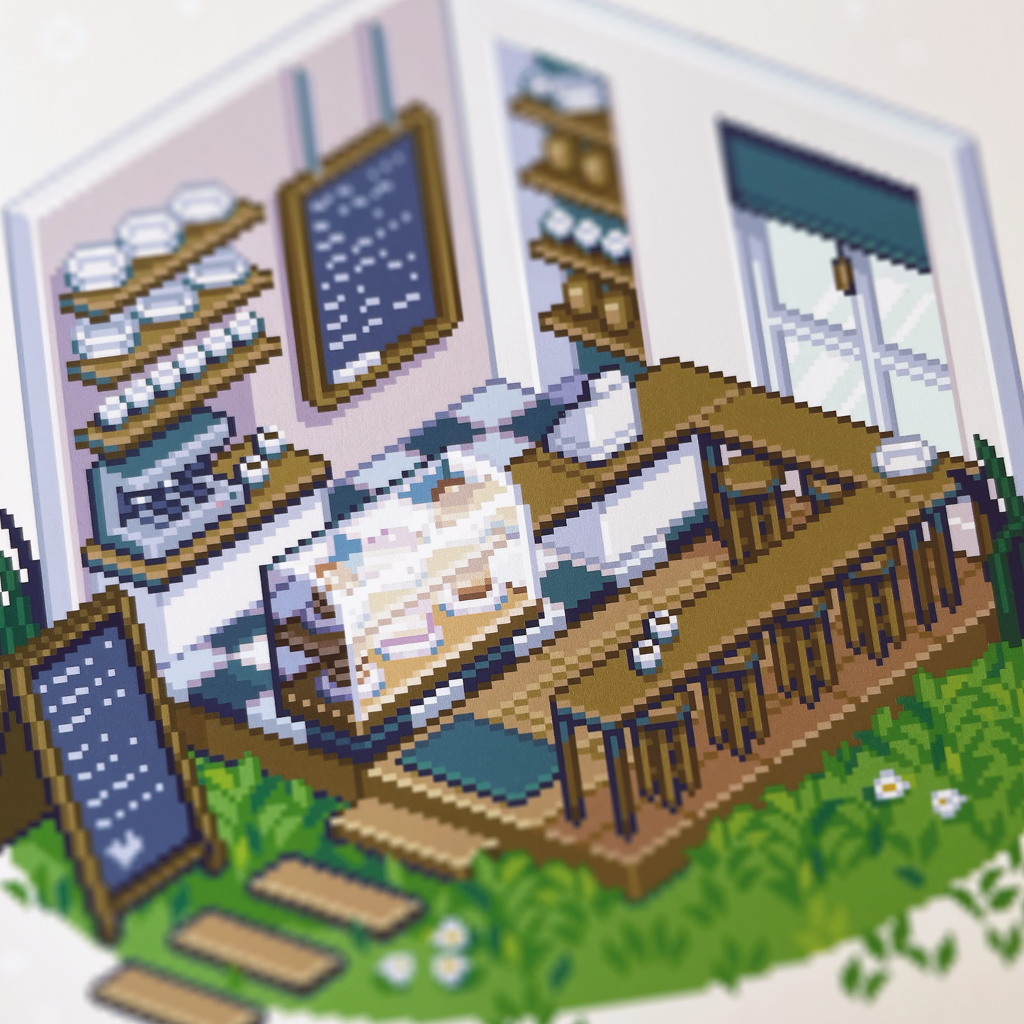 Isometric pink cafe pixel art print