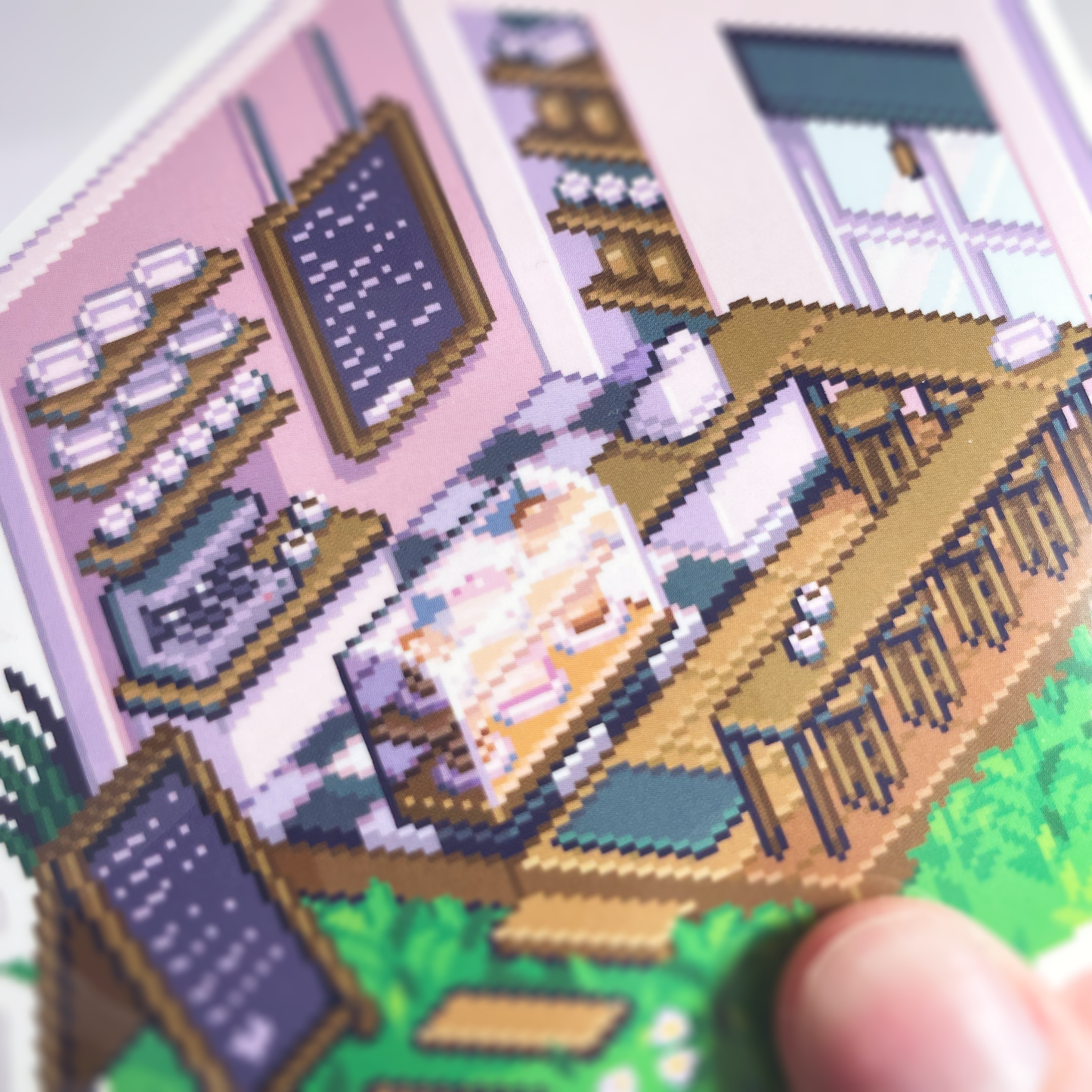 Isometric pink café pixel art sticker
