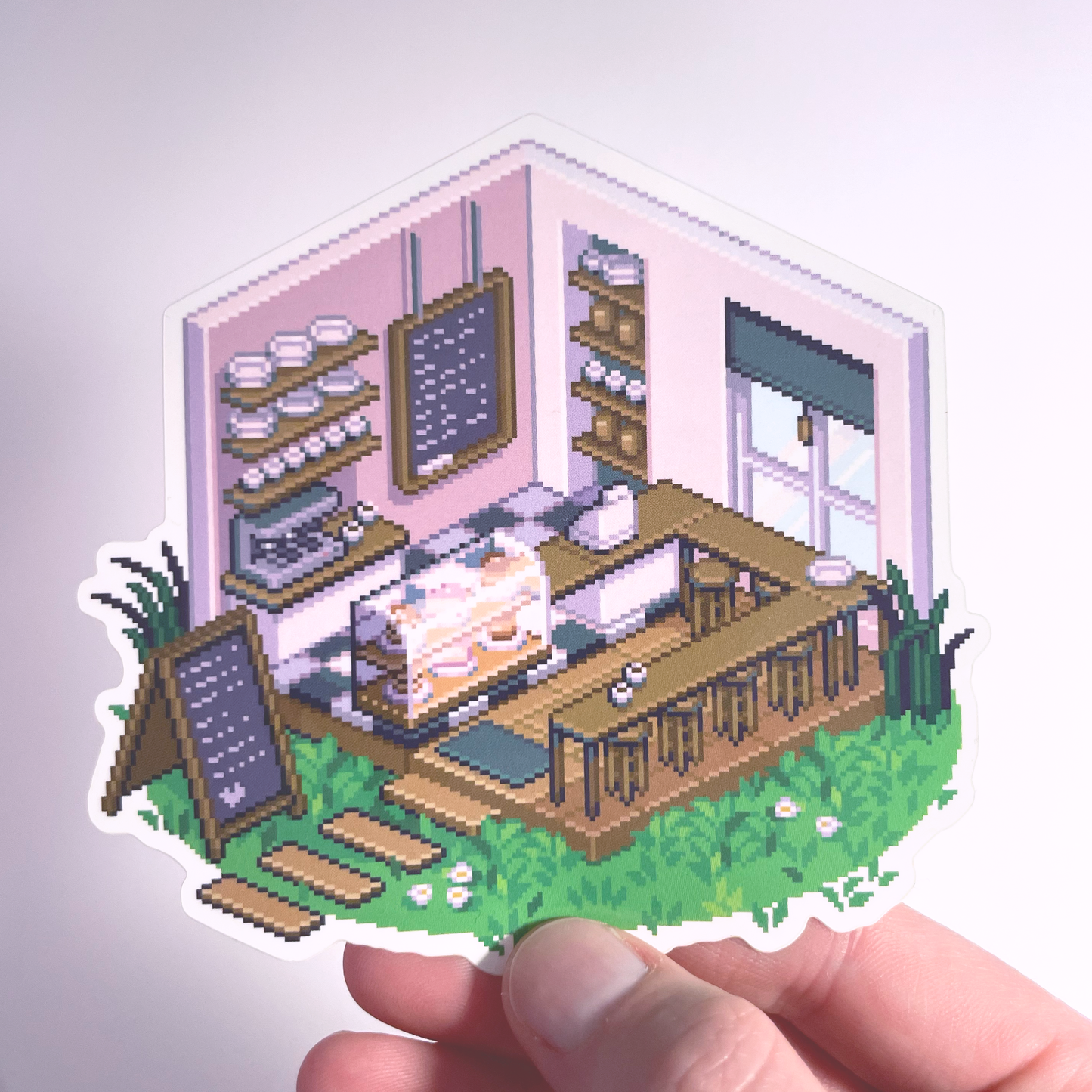 Isometric pink café pixel art sticker