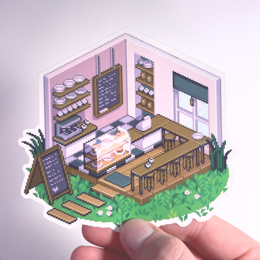 Isometric pink café pixel art sticker