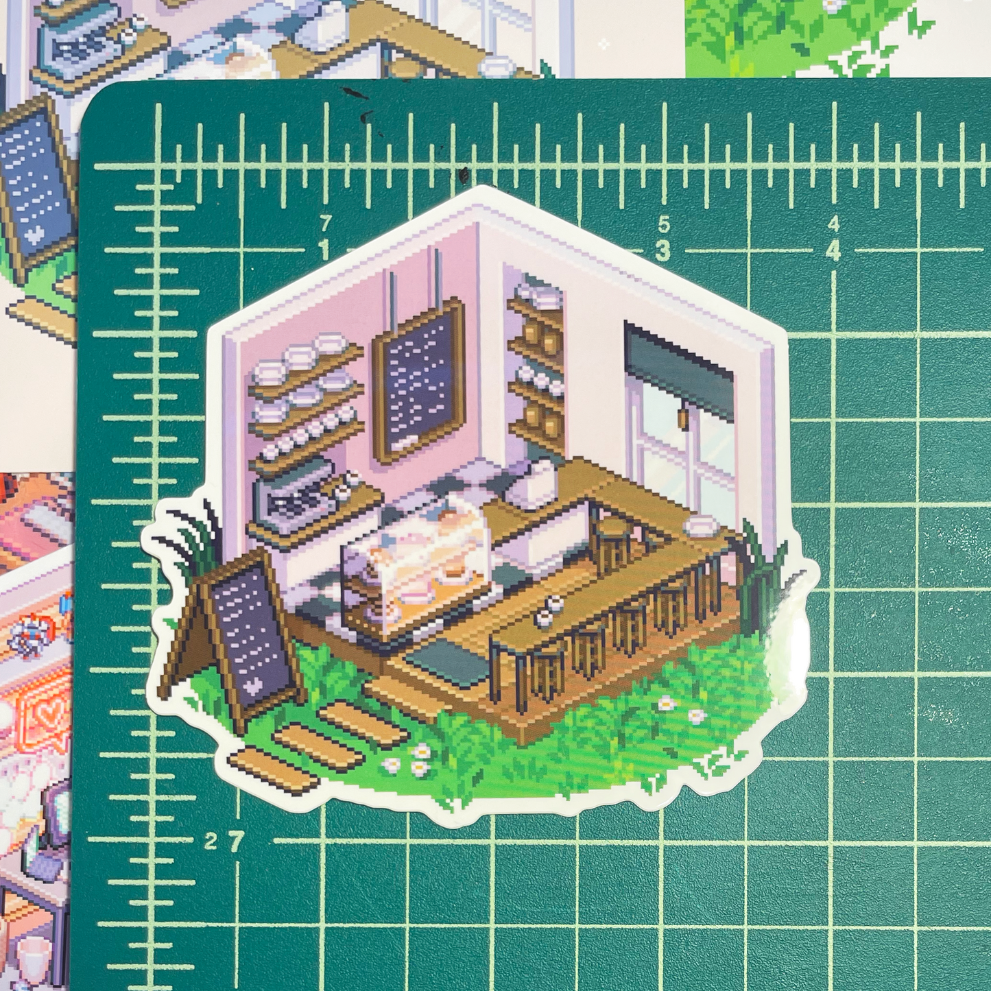 Isometric pink café pixel art sticker