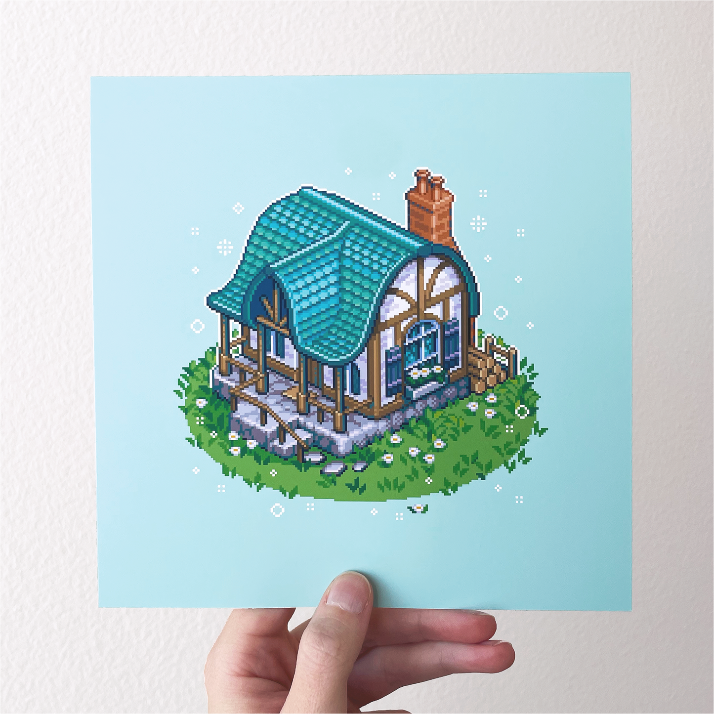 Isometric cottage pixel art print