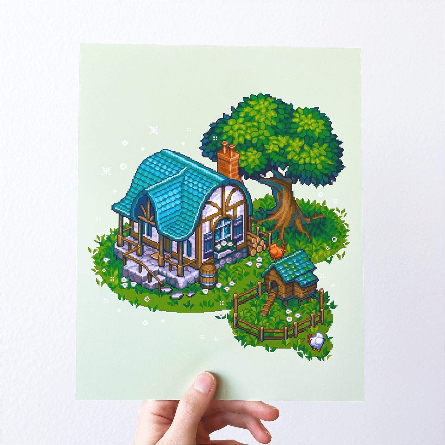Isometric cottage in the forest pixel art print