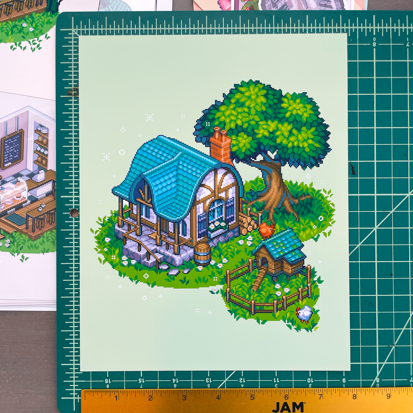 Isometric cottage in the forest pixel art print