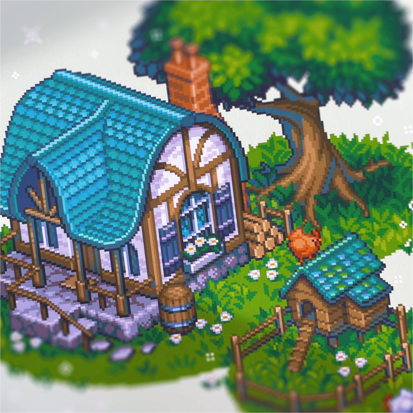 Isometric cottage in the forest pixel art print
